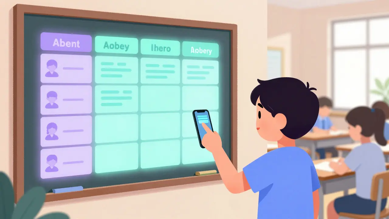 Ребёнок смотрит на расписание через телефон, над ним появляются голограммы с информацией об уроках.