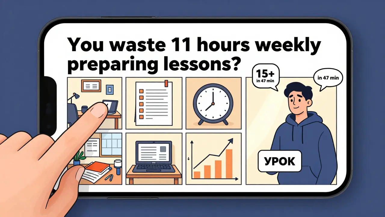 Телефон показывает Reels с хуком и карусель из пяти шагов, как сэкономить 11 часов на подготовке уроков, комментарии летят вокруг.