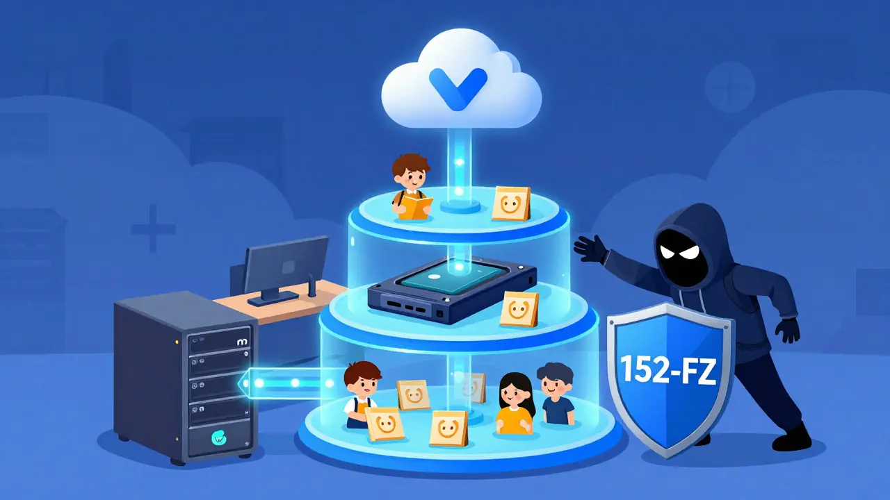 Трехуровневая башня резервного копирования с облаками VK, Yandex и физическим диском, защищенная щитом закона 152-ФЗ.