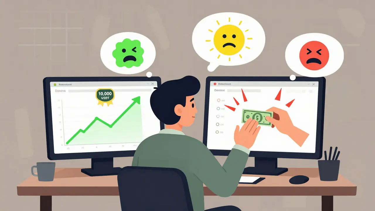 Трейдер с двумя экранами: один с прибылью на демо, другой с тревогой на реальном счете.