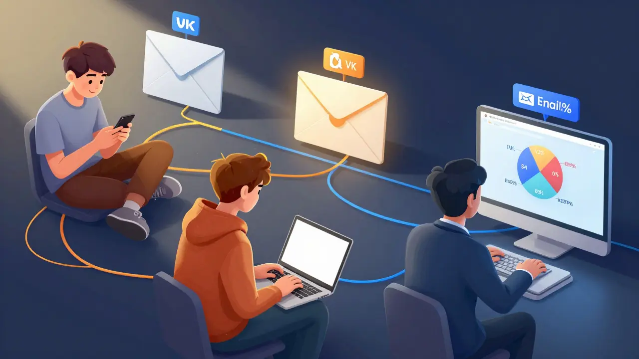 Три типа аудитории, подключенные к каналам рекламы с процентами бюджета в виде диаграмм.