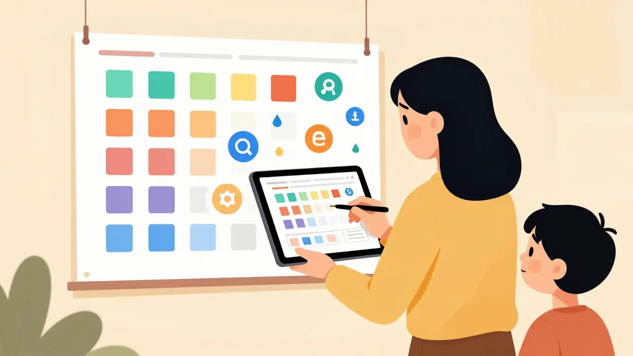 Учитель редактирует цифровое расписание на планшете, на заднем плане — напечатанная версия.