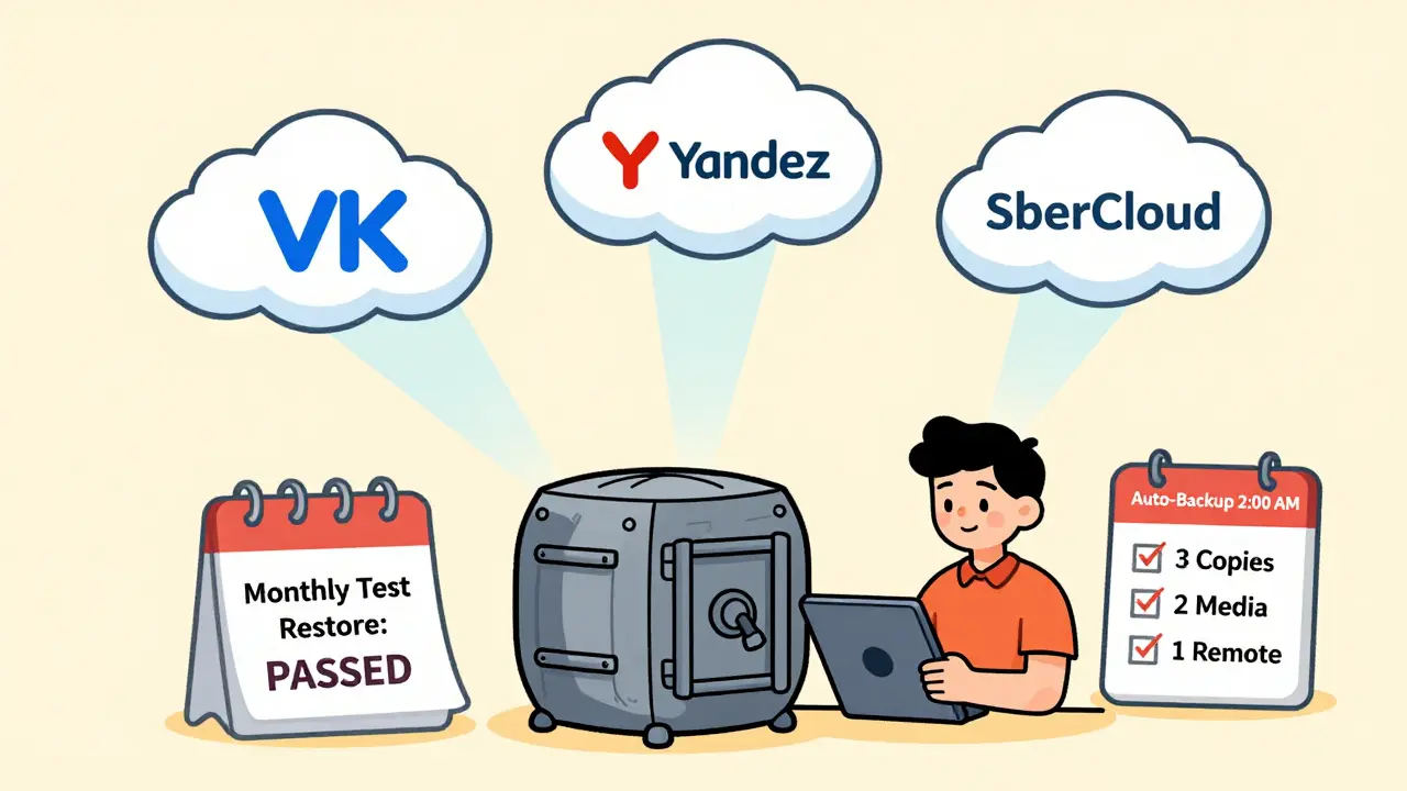 Владелец онлайн-школы запускает автоматическое резервное копирование, а три облака надежно хранят данные в безопасном хранилище.