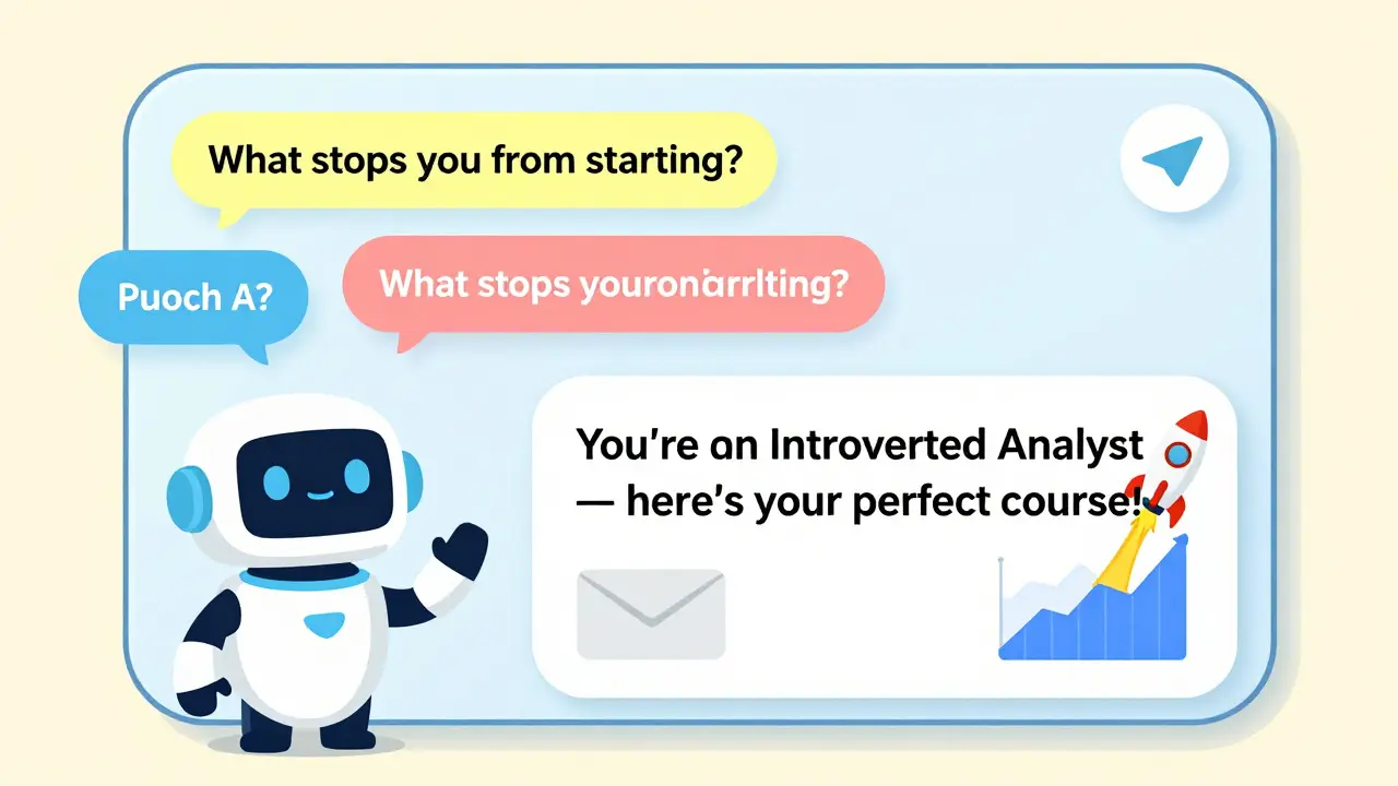Чат-бот в Telegram задает вопросы и предлагает идеальный курс, после чего email отправляется автоматически.