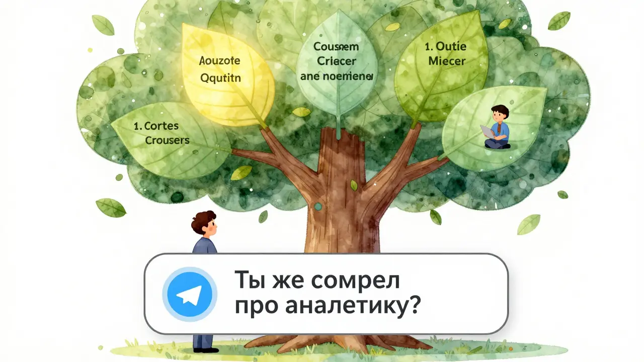 Цифровое дерево с курсами, листья светятся при взаимодействии, рядом — чат-баббл с персональным предложением в Telegram.