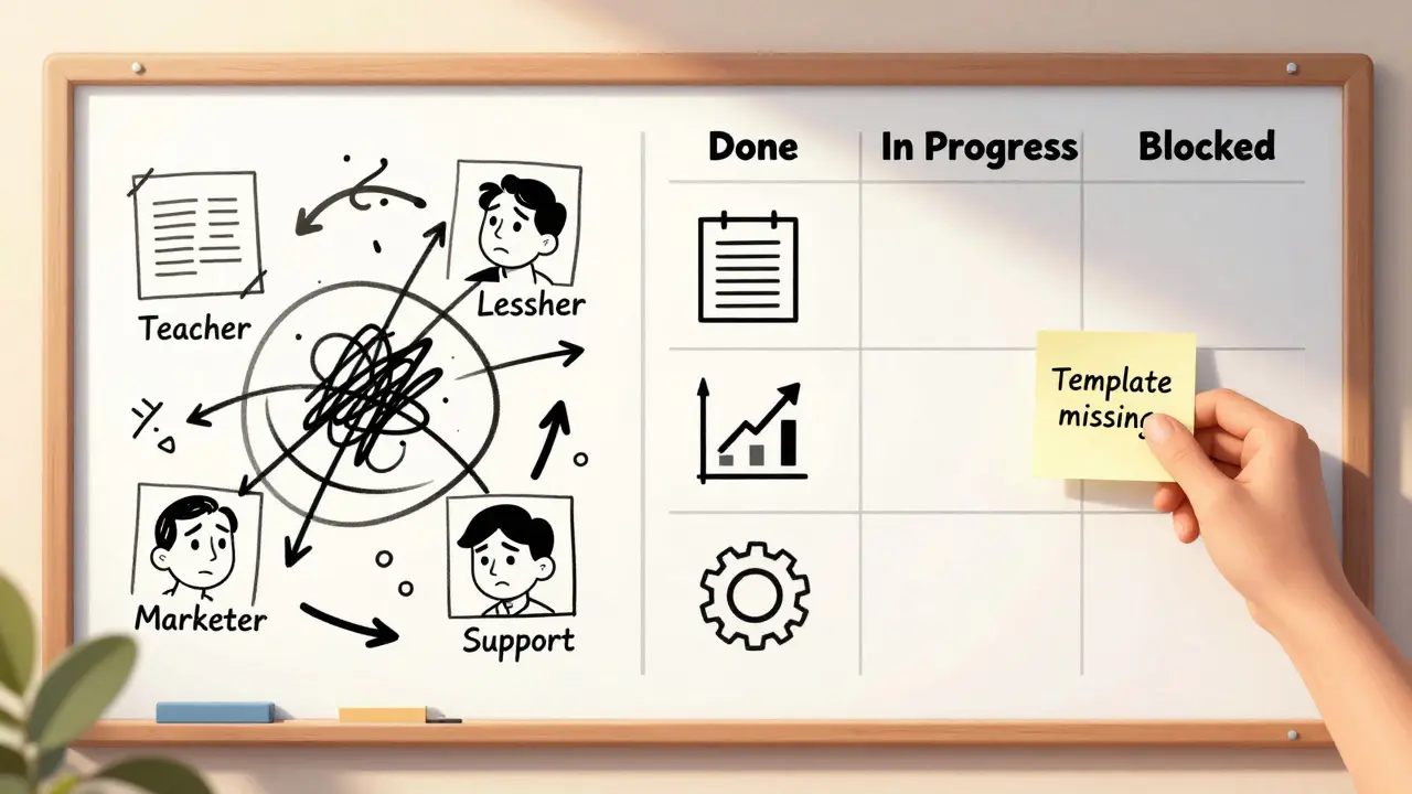 Чистая доска Kanban с колонками 'Сделано', 'В работе', 'Блокер' рядом с хаотичным белым планом.