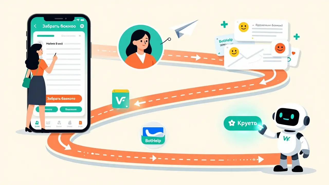 Цветная схема воронки продаж в VK: от бесплатного чек-листа до автоматической продажи через бота и рассылку.