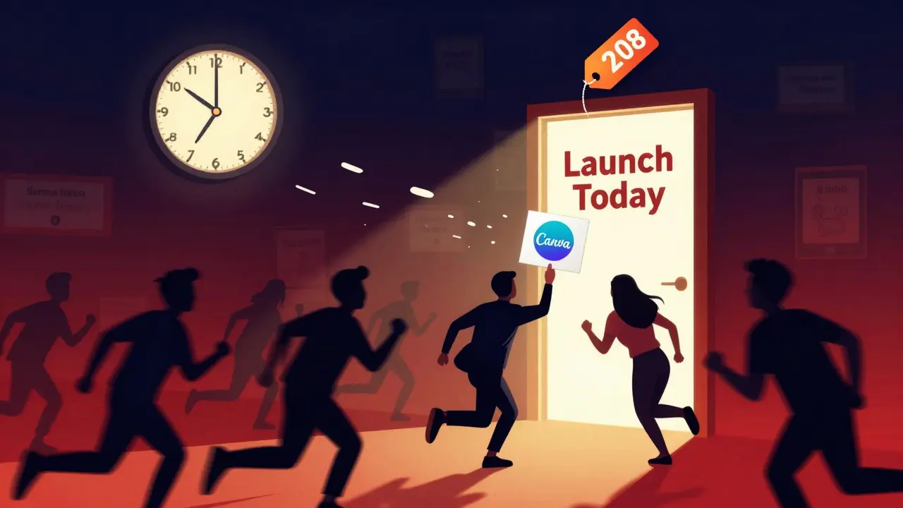 Люди спешат к двери с таймером, один получает бонус, цена растет — момент запуска.