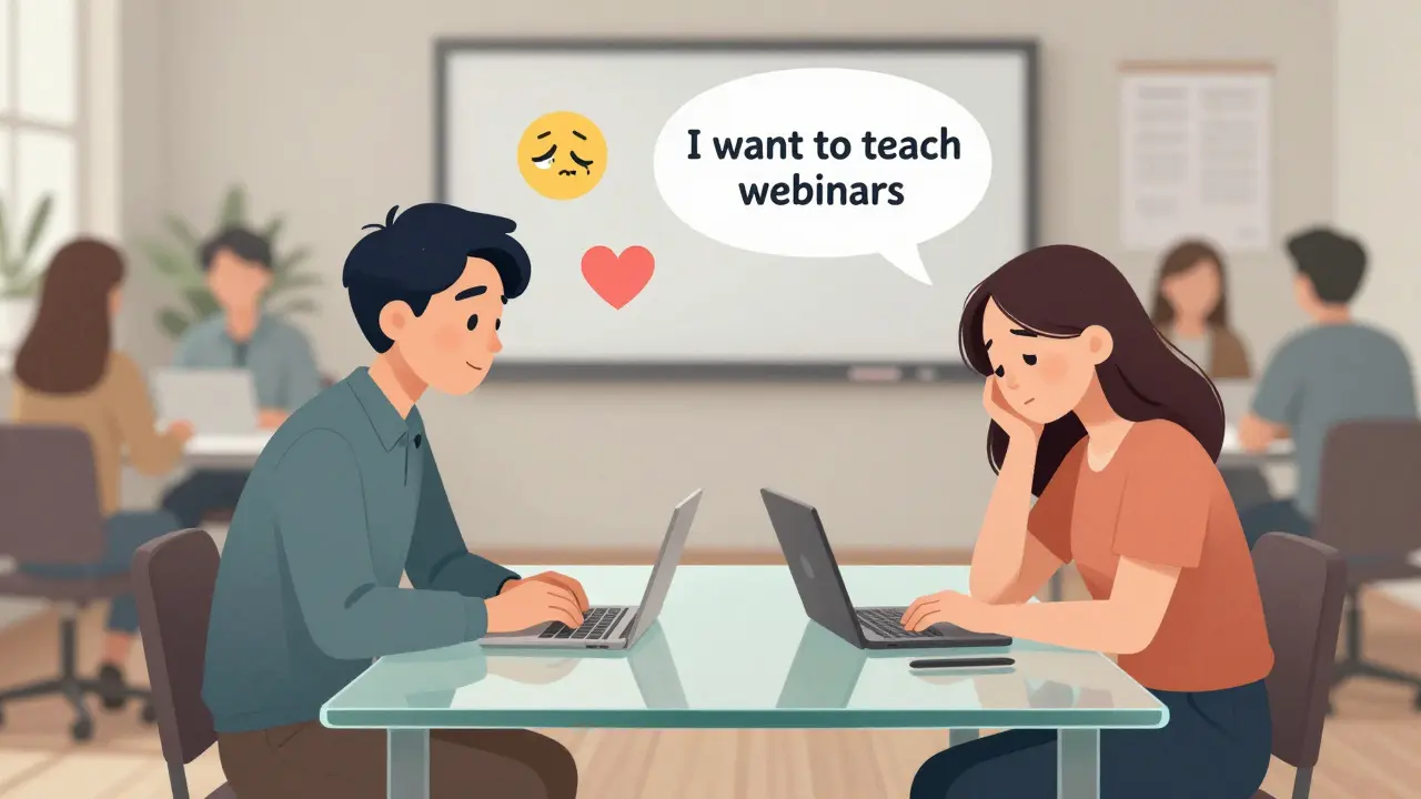 Менеджер и преподаватель на личной встрече, над ними — эмоциональные иконки, позади — смутная планёрка.