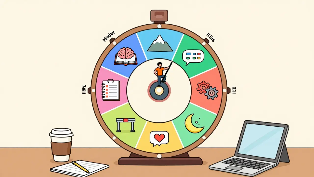 Недельный ритм контента в виде цветного колеса с иконками для каждого дня, плавающего над рабочим столом.