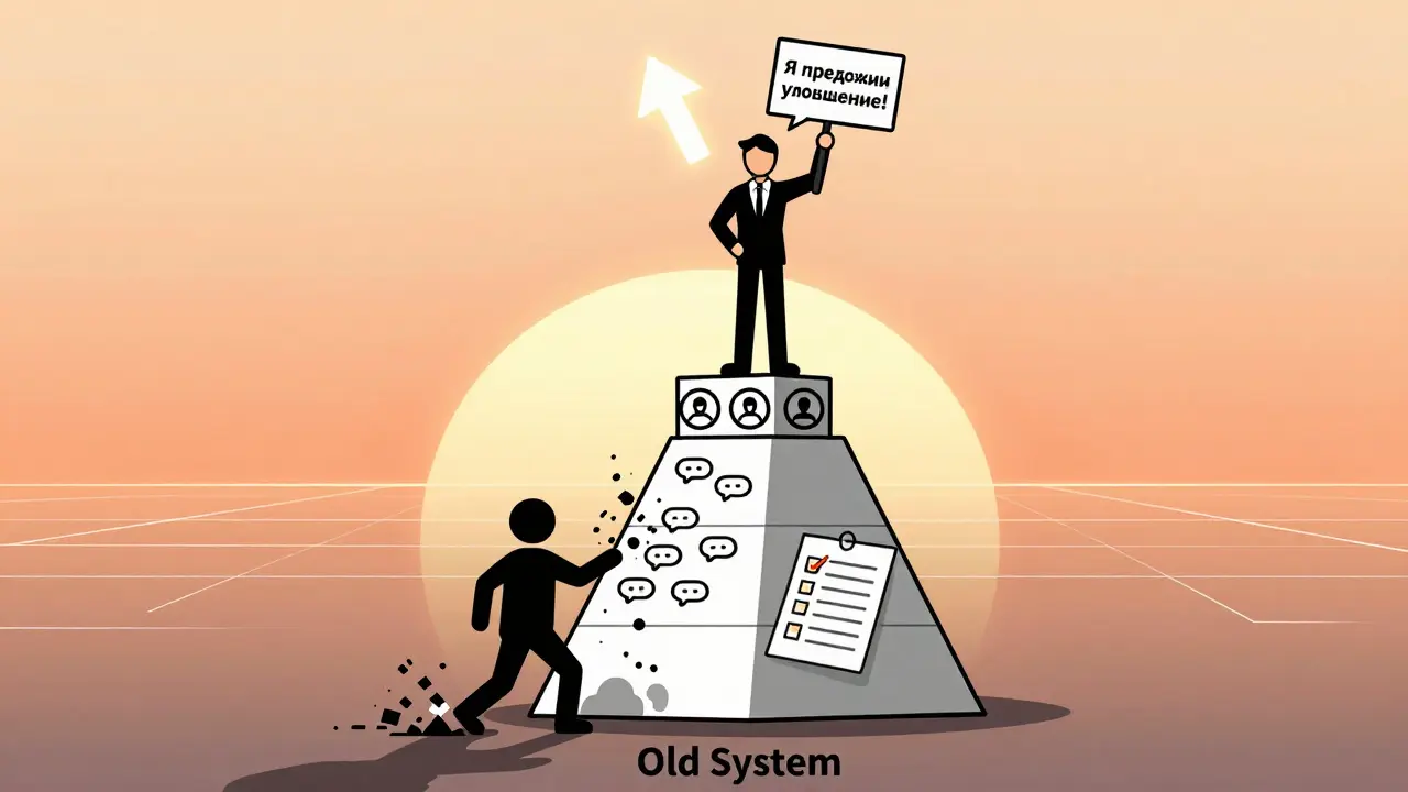 Новичок на вершине достижений с предложением улучшения, старая система рушится, за ним — восход солнца.