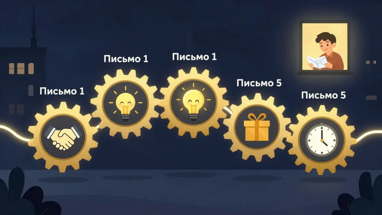 Пять связанных шестерёнок с шагами триггерной рассылки, светящаяся нить доверия, городской пейзаж ночью.