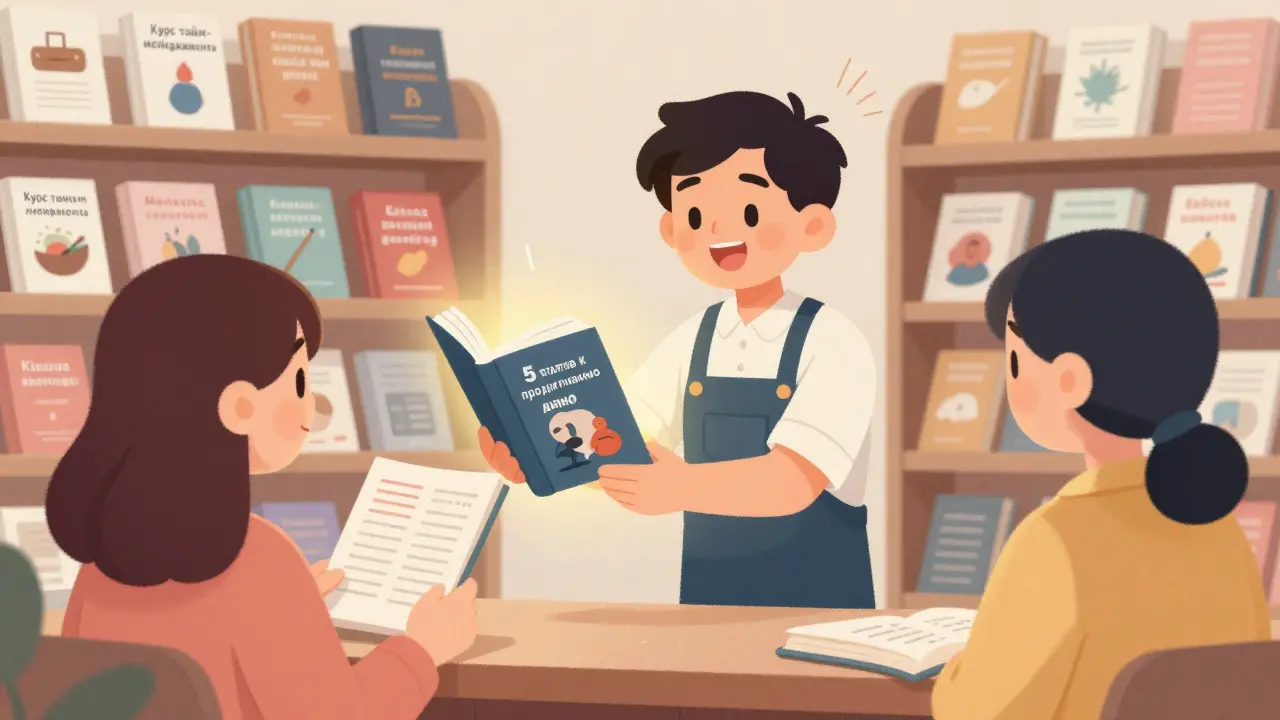 Продавец в книжном магазине предлагает человеку бесплатный гайд, на полках видны курсы и кейсы.