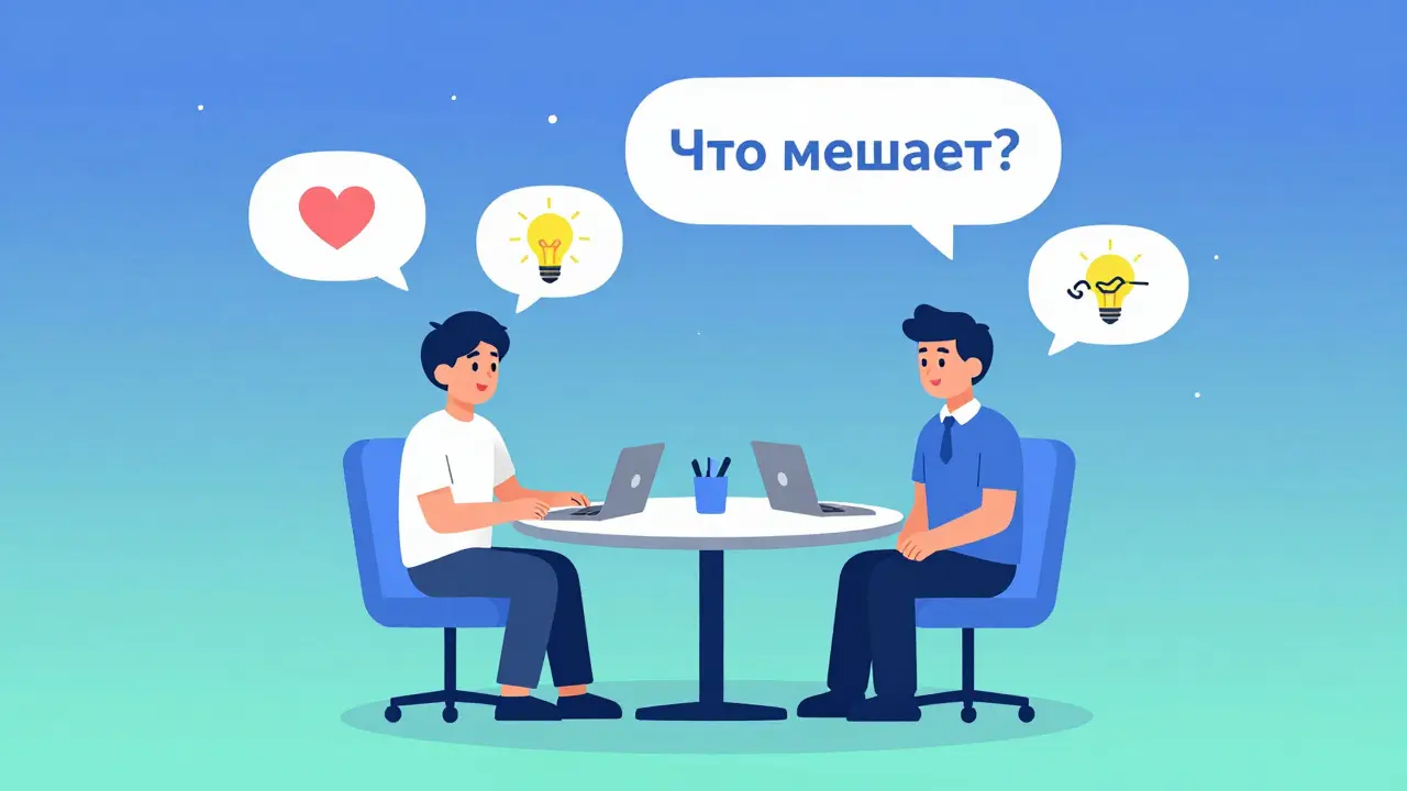 Руководитель и новый сотрудник на плавающих стульях обсуждают, что мешает работе, в спокойной цифровой среде.