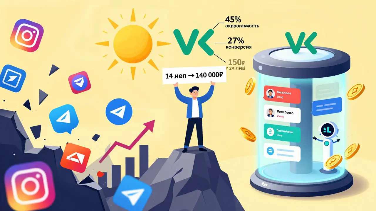 Сравнение: хаос внешних платформ vs. упорядоченная экосистема VK с ростом прибыли и цифрами успеха.