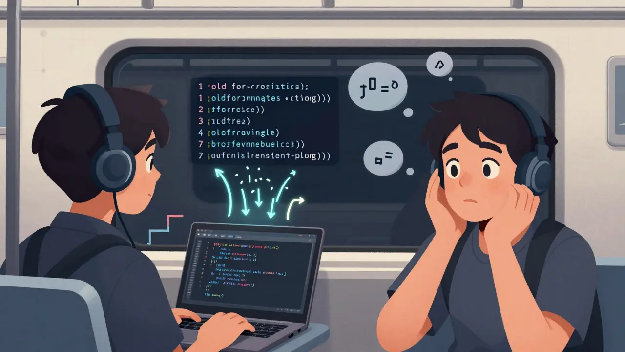 Студент в метро понимает преобразование кода через визуальную анимацию.