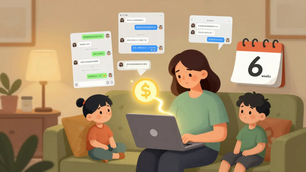 Женщина с детьми смотрит на экран, вокруг нее — доказательства успеха, теплое освещение.