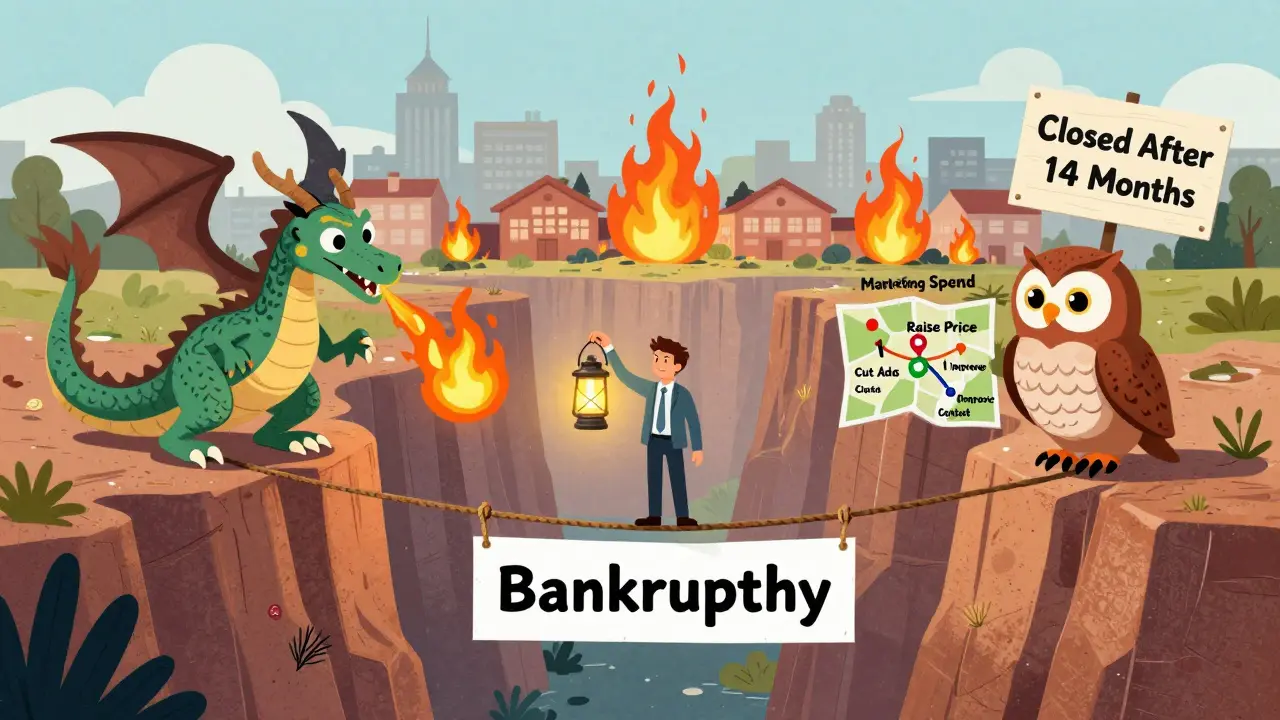 An entrepreneur on a tightrope over bankruptcy, holding a P&amp;L lantern, facing a dragon of marketing spend.