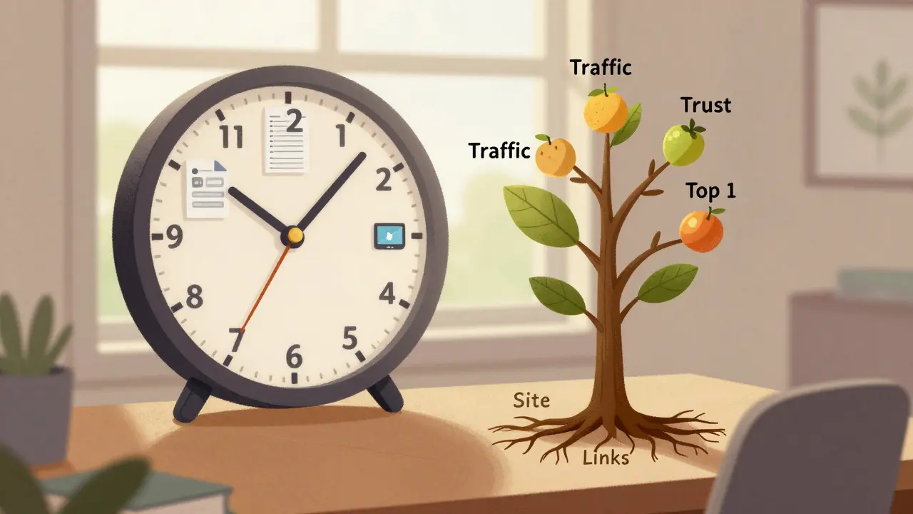 Часы из контента растут в дерево с корнями в сайте и профилях, плоды — доверие и топ-позиции.