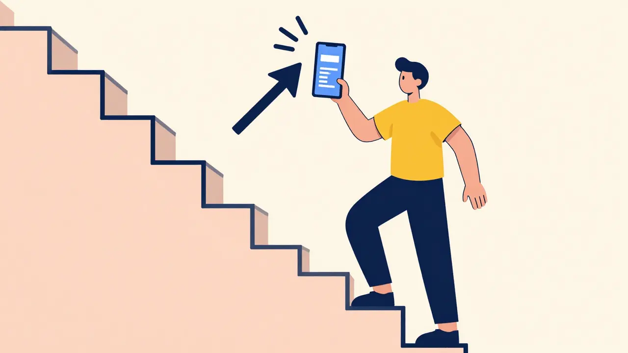 Человек поднимается по лестнице, символ роста. Яркий фон, позитивная атмосфера.