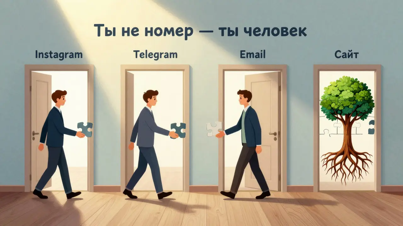 Человек проходит через четыре канала, собирая пазл, который в итоге формирует рукопожатие с брендом как деревом.