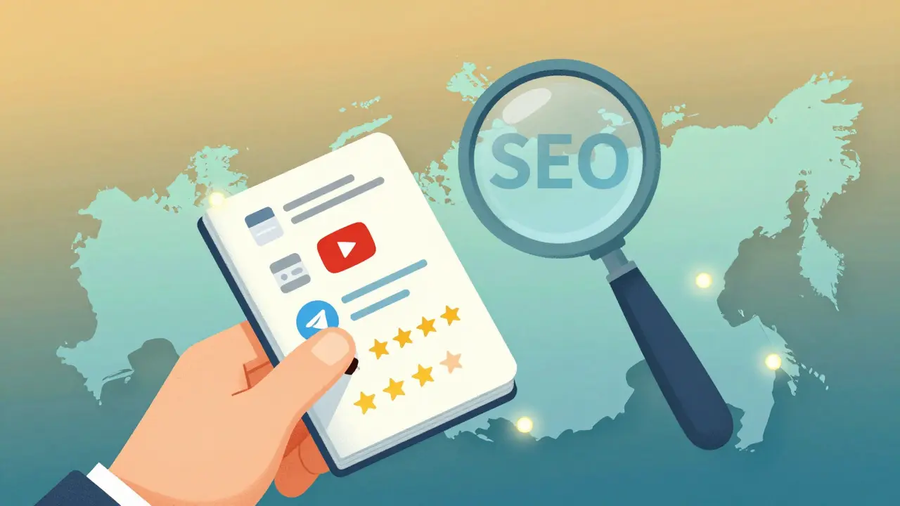 Цифровой паспорт с иконками сайтов и профилей, печатается под лупой SEO, над картой России.