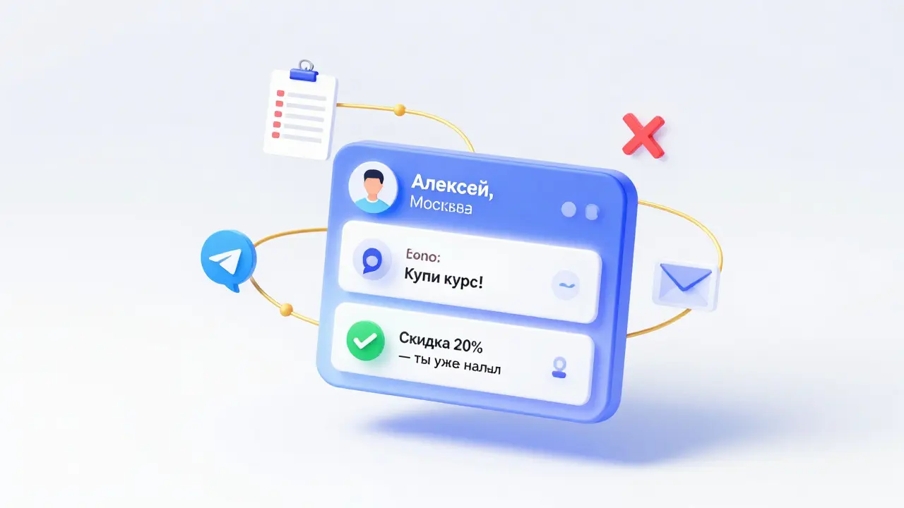 Цифровой профиль клиента с анимированными этапами взаимодействия, связанными золотыми линиями, без повторяющихся предложений.