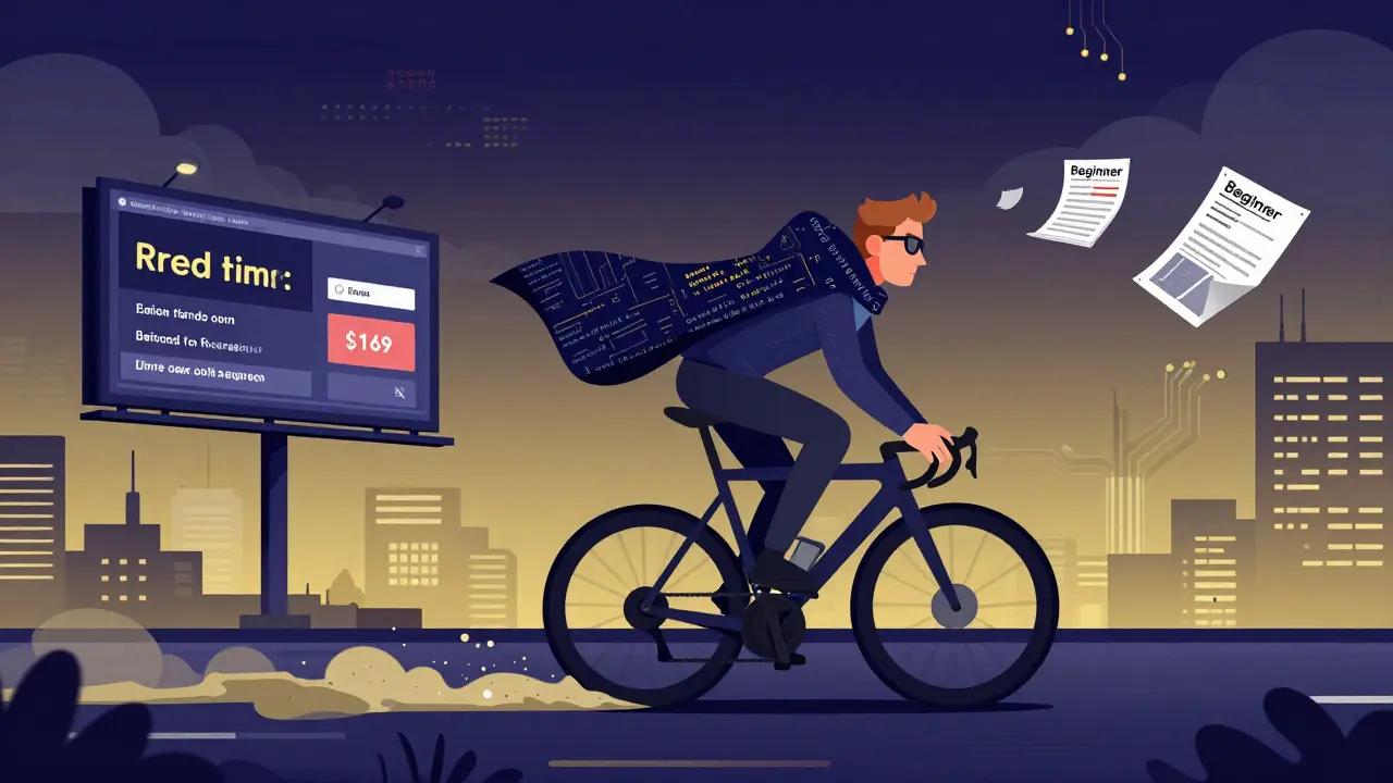 Эксперт едет на гоночном велосипеде через город из данных и кастомных шаблонов