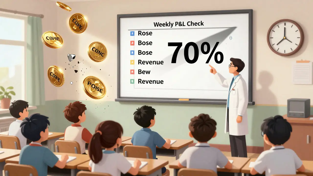 Floating coins as students, a wall chart showing course profitability, and a clock ticking 'Weekly P&amp;L Check'.