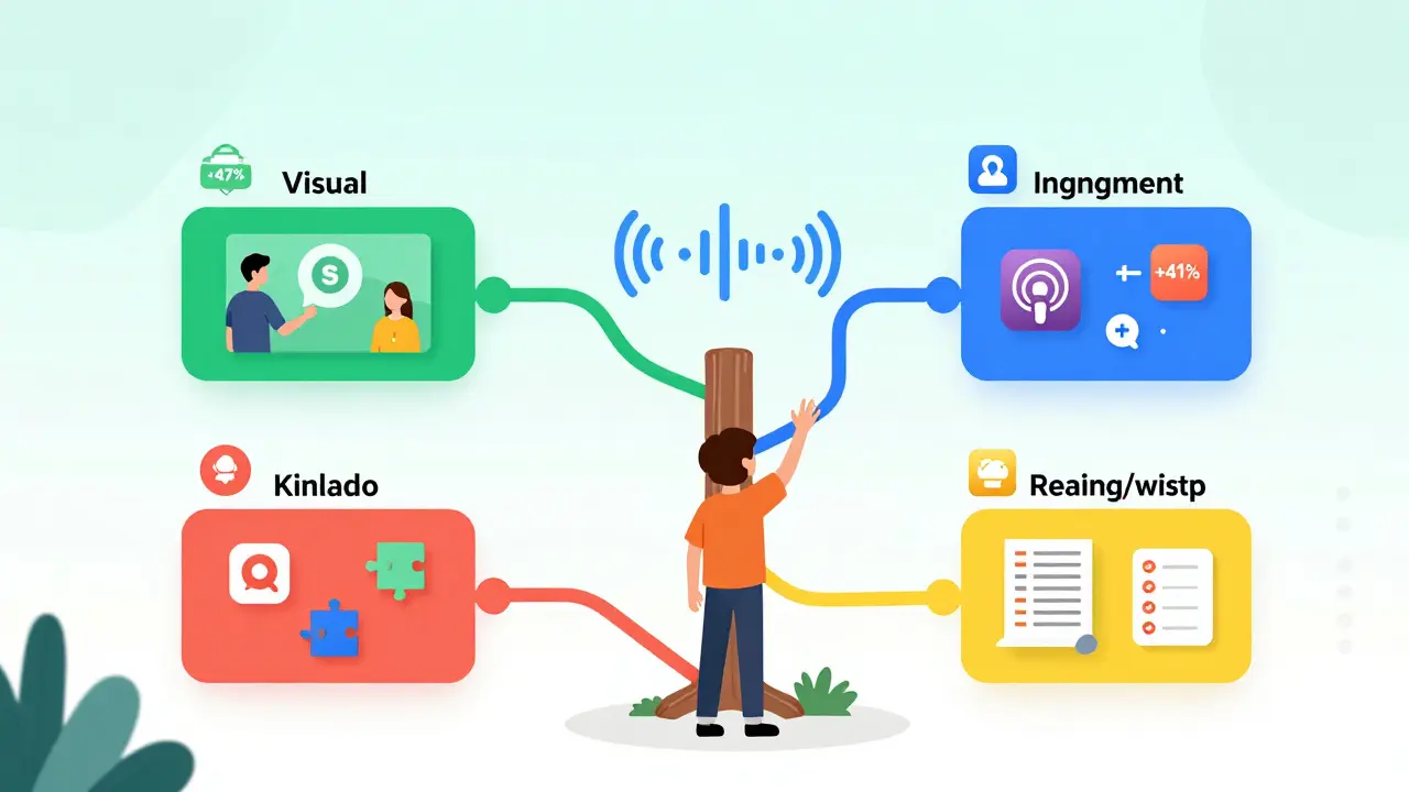 Курс в виде дерева с четырьмя путями обучения: визуальный, аудиальный, кинестетический и чтение/письмо, с метриками успеха.