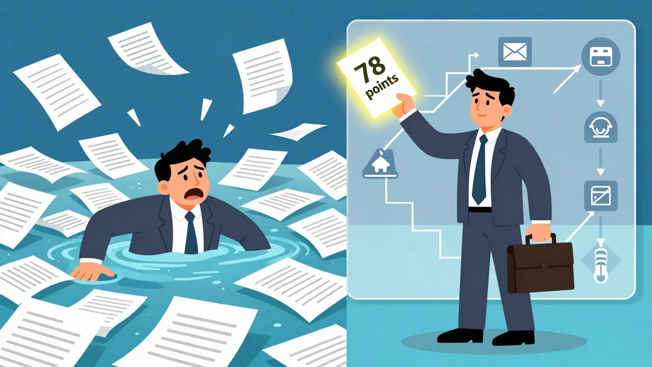 Менеджер по продажам выбирает одного лид из сотен, на фоне схемы перехода от контакта к покупке, в стиле минималистичной иллюстрации.