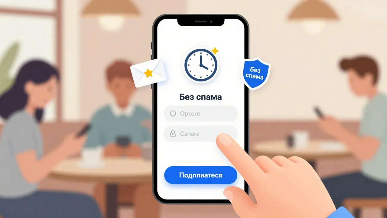 На мобильном экране простая форма подписки с одной кнопкой, рядом символы выгод: письмо, часы, щит без спама.