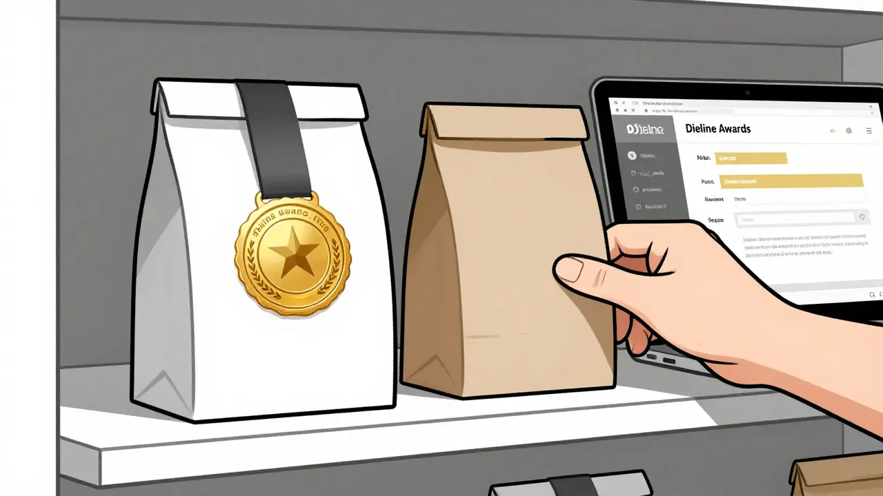 На полке одна упаковка выделяется наградой Pentawards, рядом — простой бумажный пакет без ламинации.