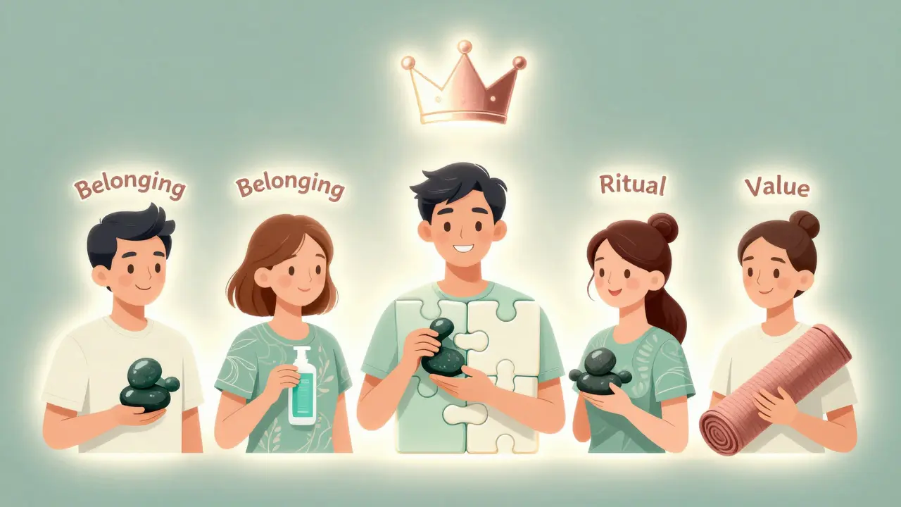 Пять клиентов собирают мозаику в виде короны, символизируя лояльность и ценность, без ценников.