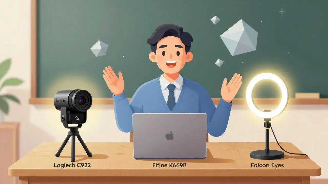 Преподаватель использует камеру, микрофон и кольцевую лампу — всё работает идеально.