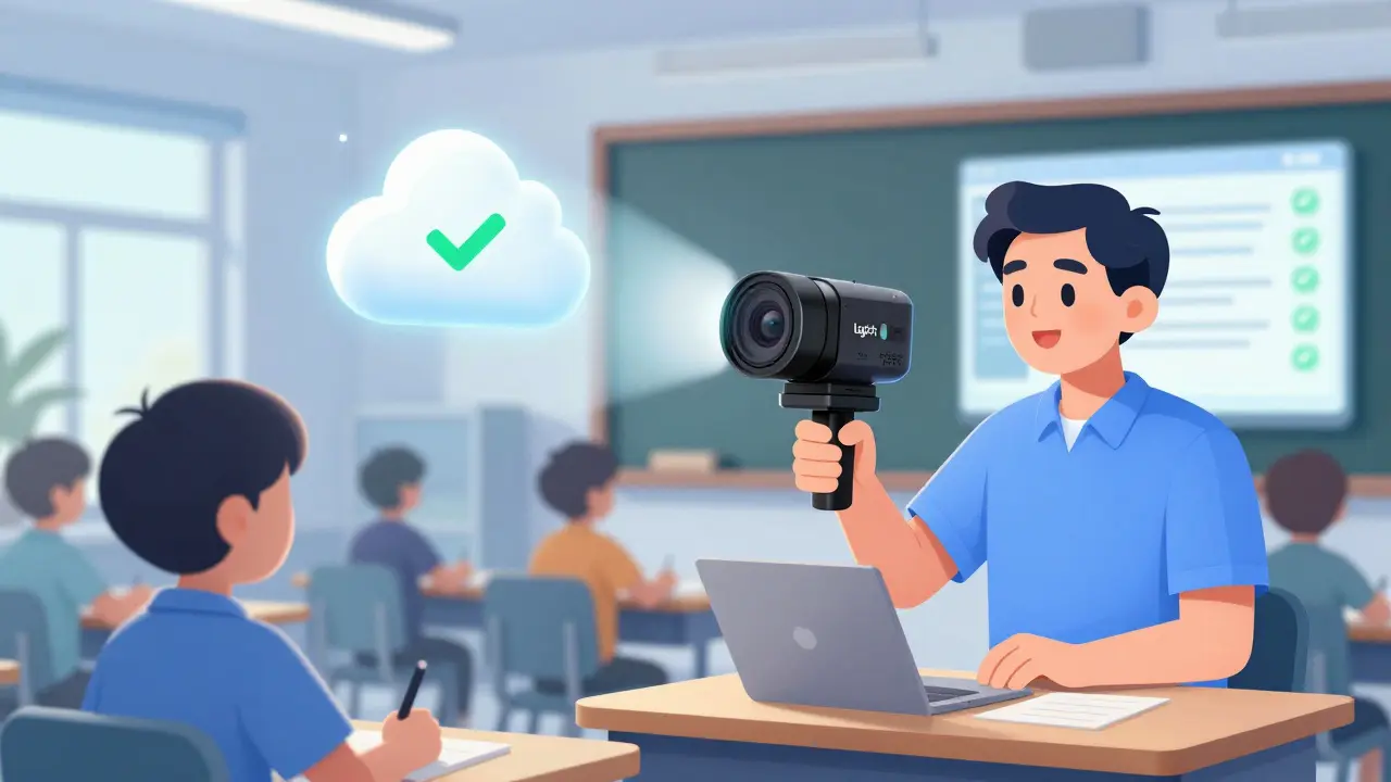 Преподаватель с камерой с ИИ, видео автоматически обрабатывается и отправляется в облако.