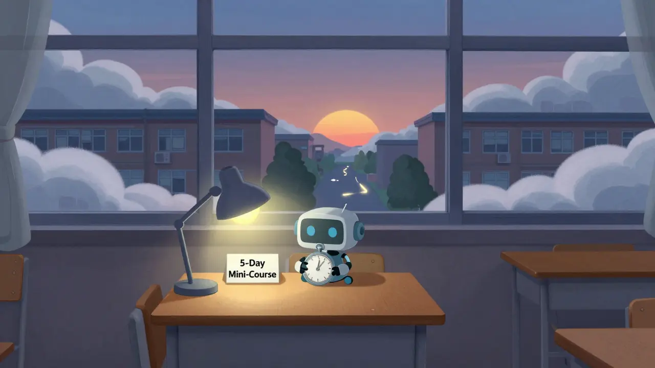 Пустой класс в июле, робот готовит мини-курс, за окном — тишина и предвкушение сентября.