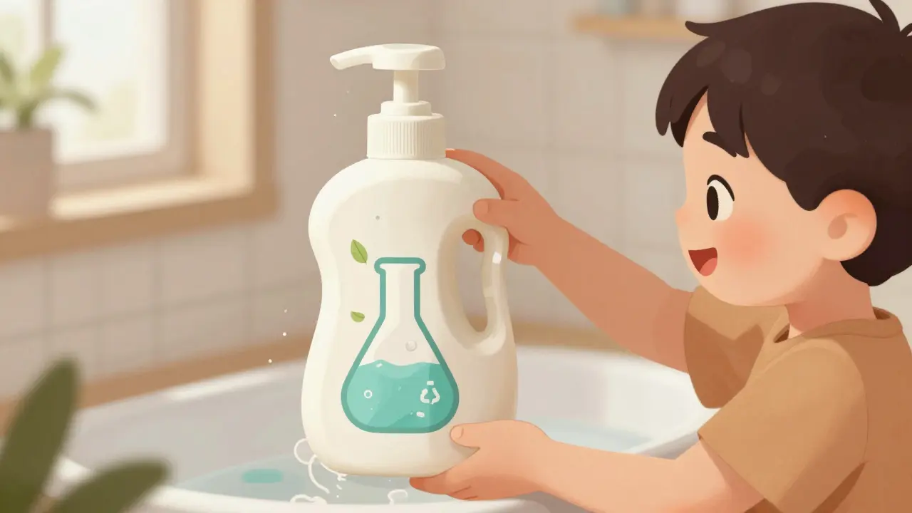 Ребёнок играет с бутылкой для шампуня необычной формы, которая превращает купание в игру, без пластика.