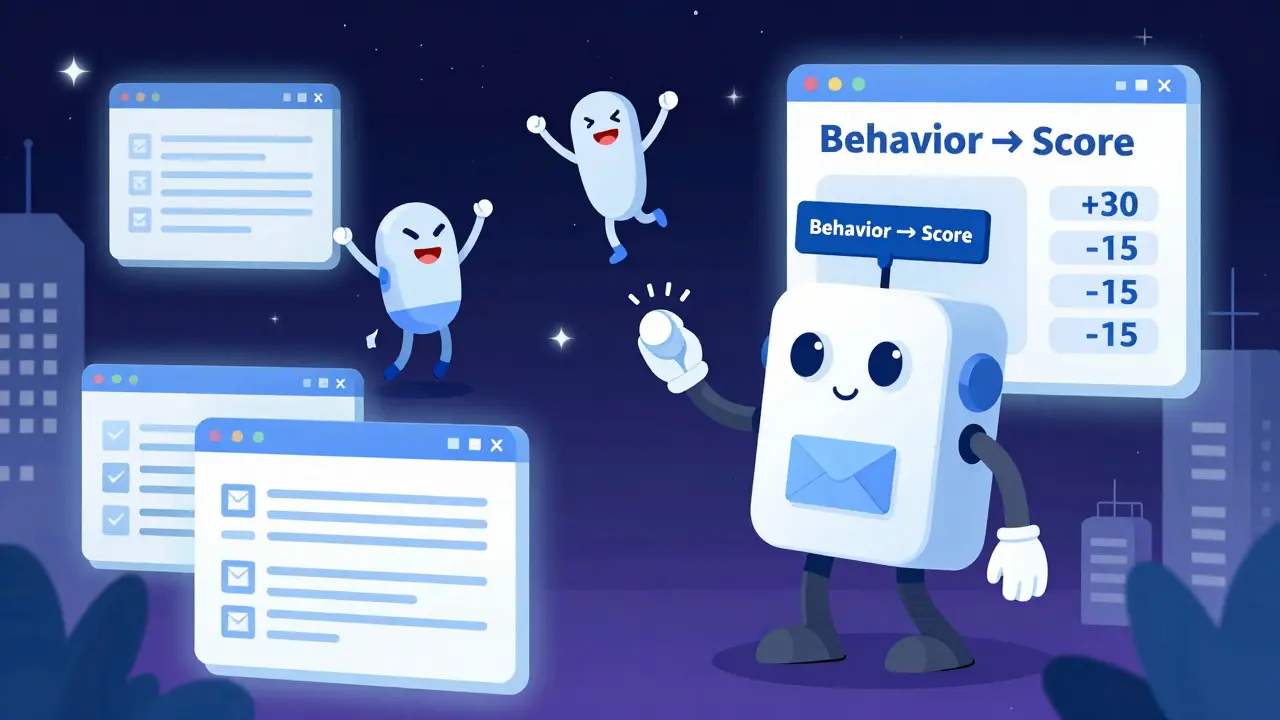 Робот-система скоринга с элементами писем и веб-страниц, регулирует баллы для аватаров клиентов, фон — абстрактные города из курсов и чек-листов.