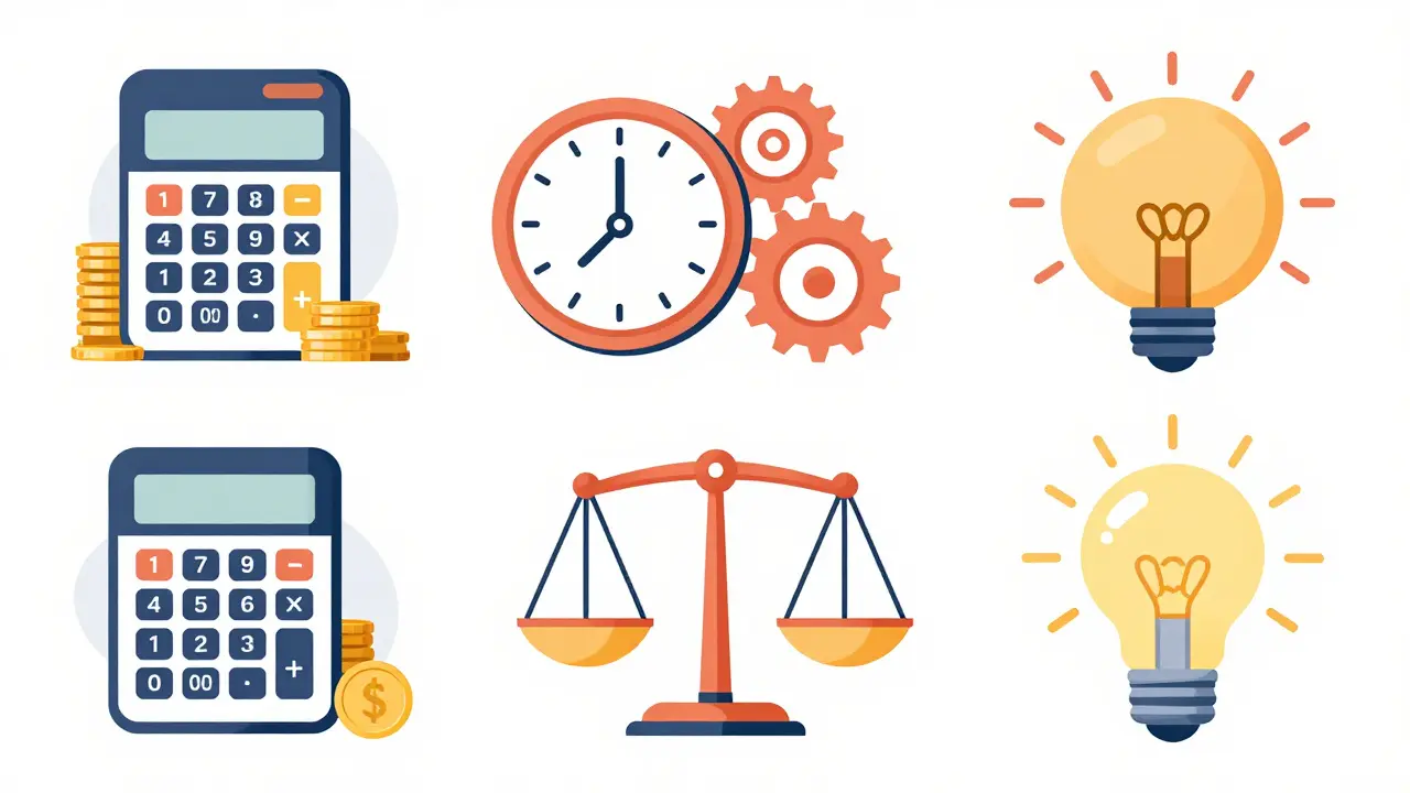 Символы четырех методов ценообразования: калькулятор, часы, весы, лампочка. Мягкие тона.
