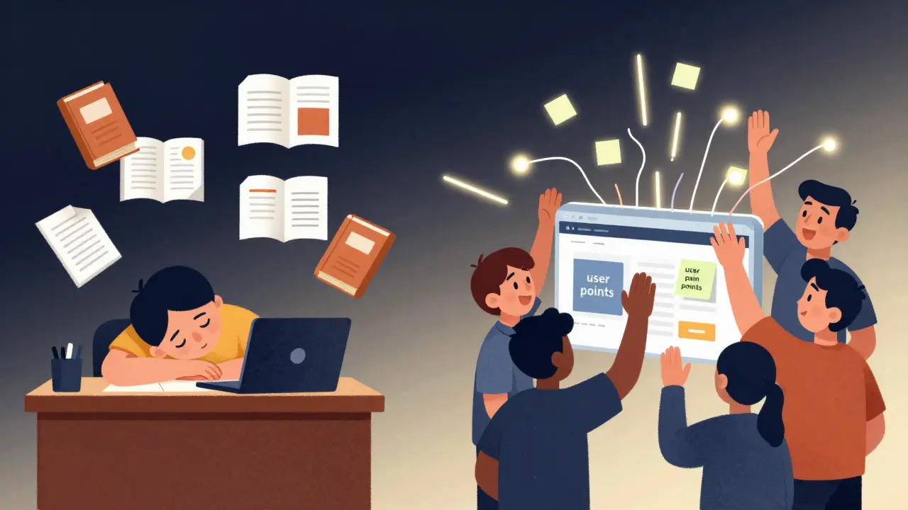 Слева — пассивное обучение, справа — команда радуется созданному прототипу продукта.