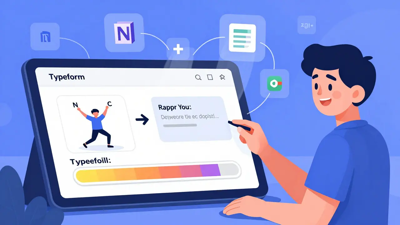 Студент улыбается, проходя персонализированный интерактивный опрос Typeform с анимациями и интеграциями.