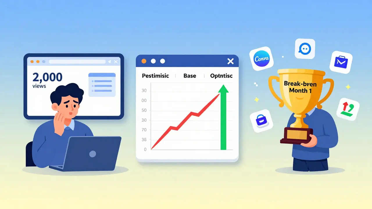 Три сцены запуска курса: запуск, прогноз продаж, выход на прибыль в первый месяц.