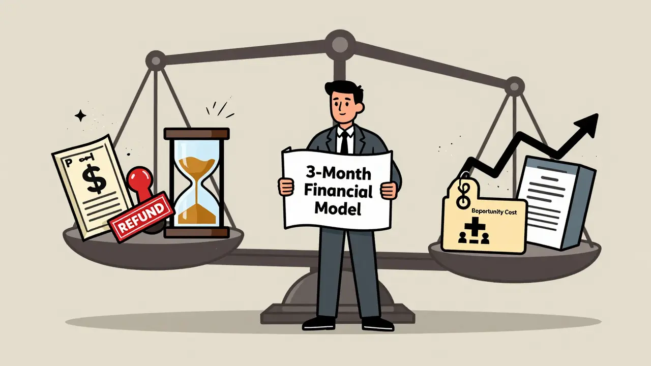 Весы с тремя скрытыми расходами и тремя решениями, предприниматель держит финансовую модель.