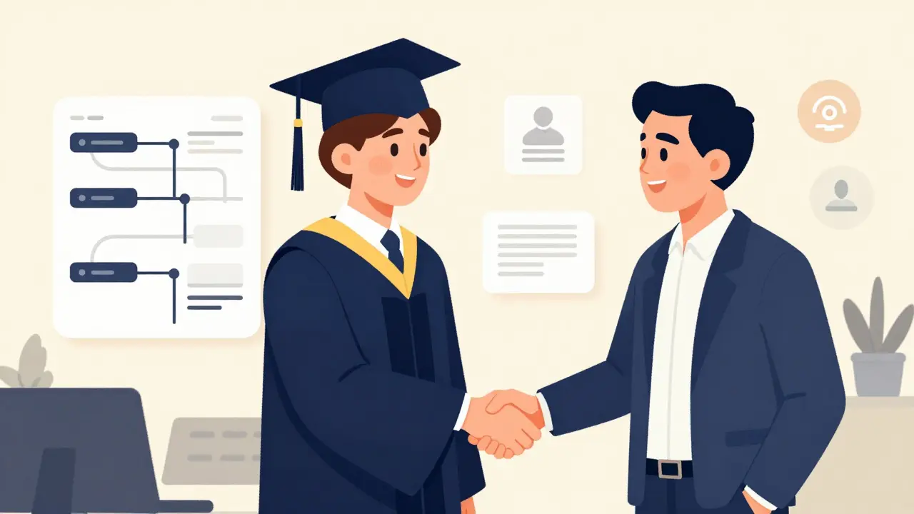 Выпускник получает предложение о работе, рукопожатие с ментором