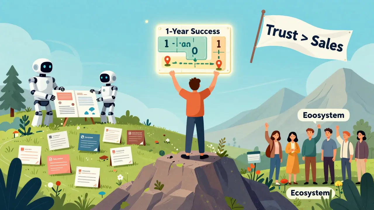 Человек на вершине горы с квартальной картой, ниже — заброшенный контент и роботы-ассистенты.