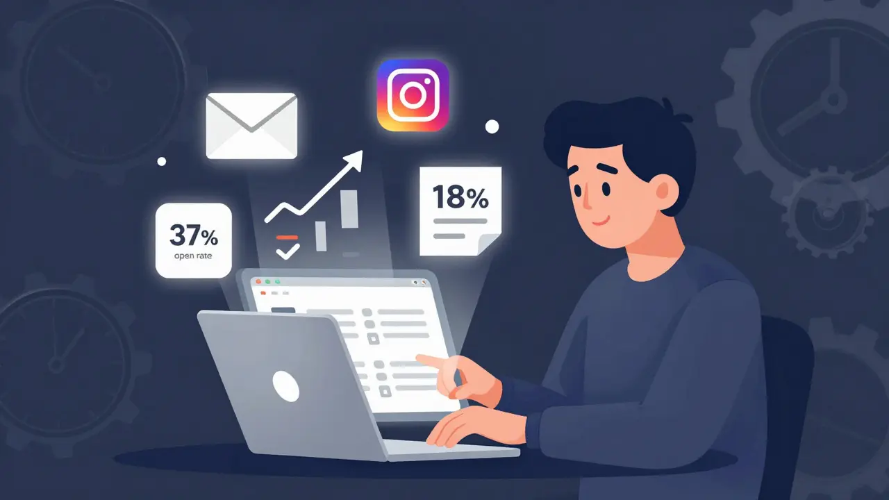 Человек открывает цифровую библиотеку с успешными примерами контента и метриками.