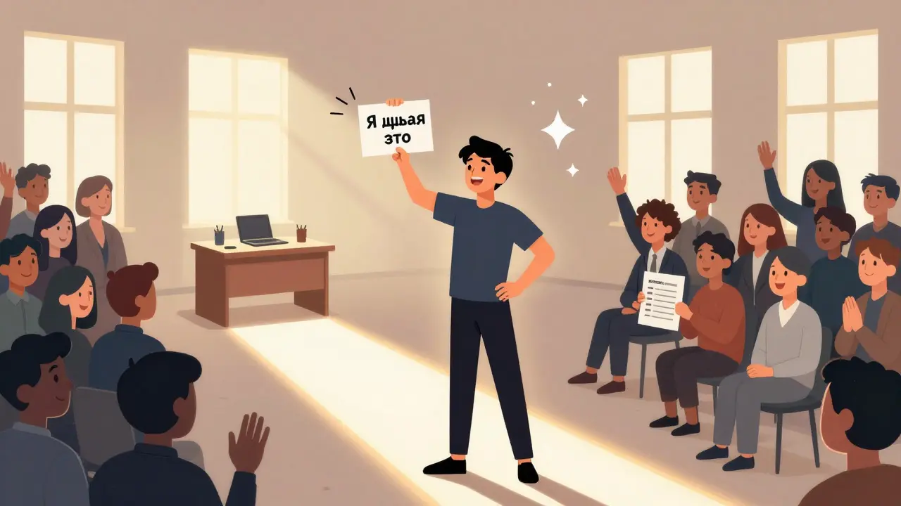 Человек после вебинара, стоящий на пути к растущей аудитории с чек-листом и звёздами.