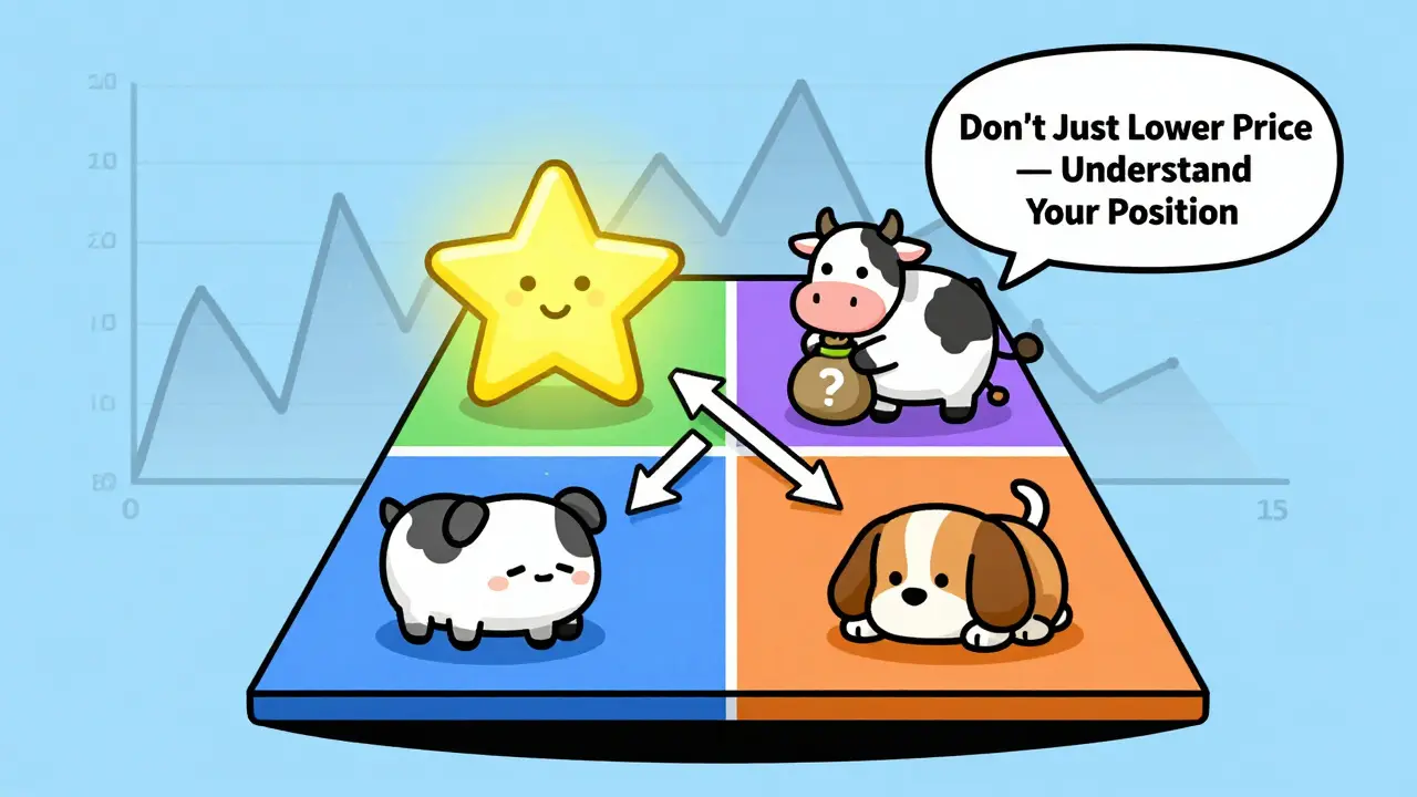 Цветная матрица BCG с животными-символами: звезда, корова, вопрос, собака, и график цен