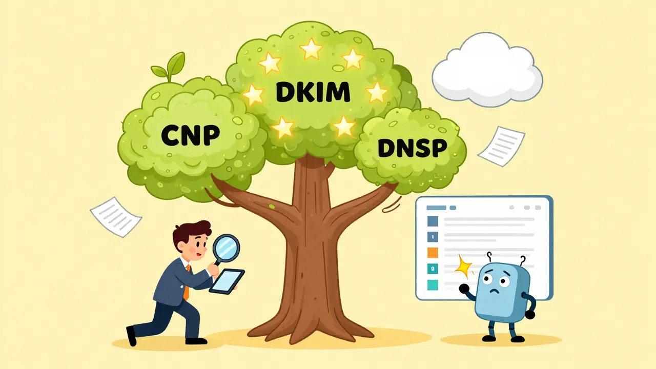 Дерево DNS с записями SPF, DKIM и DMARC, учитель проверяет настройки, а робот ошибочно вводит русские символы.